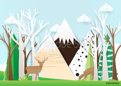 Paper art deer in forest with mountain background - 901151692