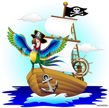 Pappagallo su Nave Pirata Cartoon Pirate Macaw Parrot on Ship - 901142407
