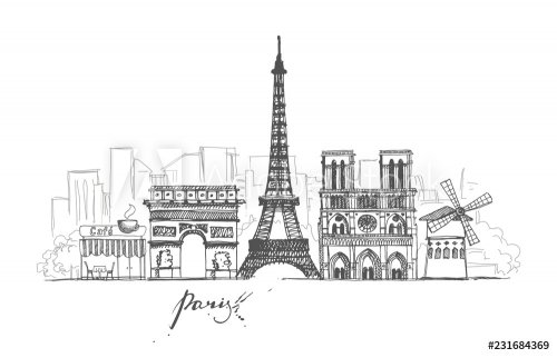 Paris sketches collection. Abstract cityscape with landmarks