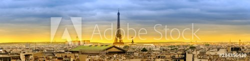 Paris skyline at sunset with view of popular landmarks, Eiffel tower, Madelei... - 901154012