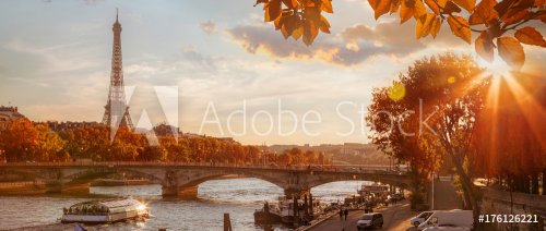 Paris with Eiffel Tower against autumn leaves in France - 901153994