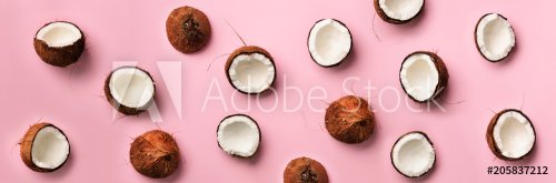 Pattern with ripe coconuts on pink background. Top View. Copy Space. Pop art ... - 901152345