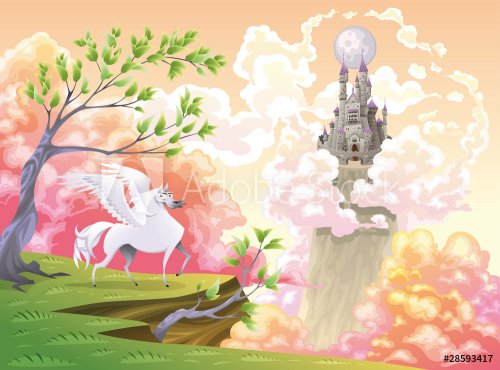 Pegasus and mythological landscape. Vector illustration - 900455709