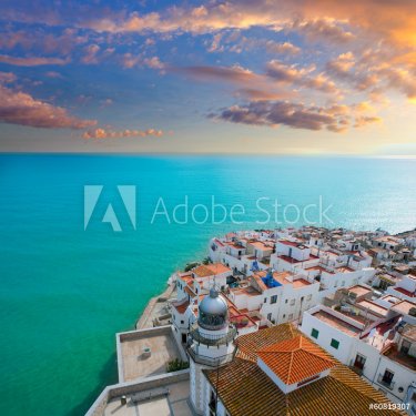 Peniscola beach and Village aerial view in Castellon Spain - 901141273