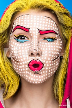 Photo of surprised young woman with professional comic pop art make-up and de... - 901153373