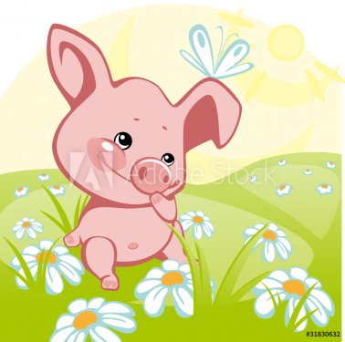 pig sitting on a flower meadow.