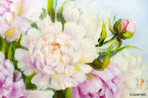 Pink and white peony background. Oil painting floral texture - 901148598