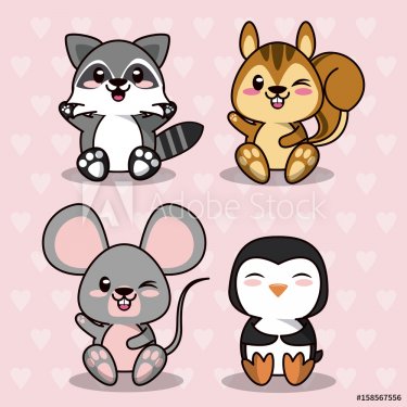 pink color background with hearts silhouettes with cute kawaii animals vector... - 901151410
