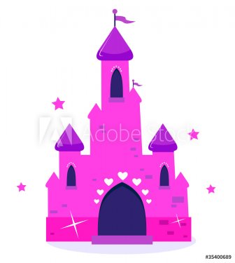 Pink Princess cartoon castle isolated on white..