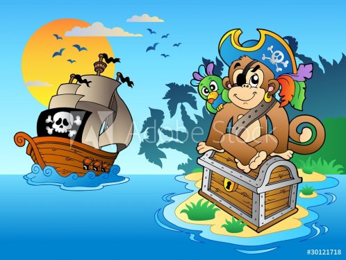Pirate monkey and chest on island - 900492064