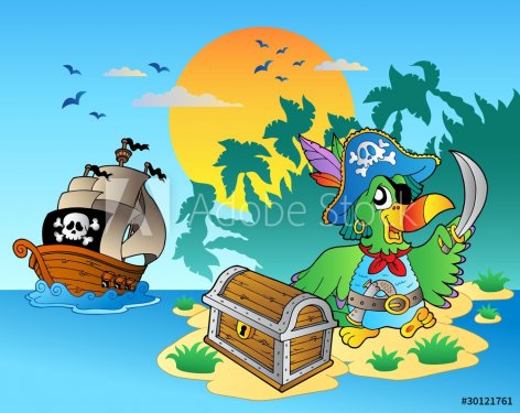 Pirate parrot and chest on island - 900491990