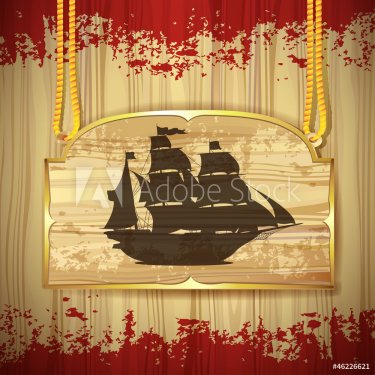 Pirate ship over wood banner - 901138734