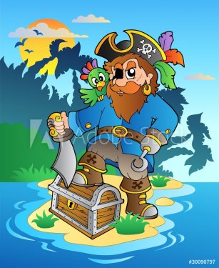 Pirate standing on chest on island - 900492031