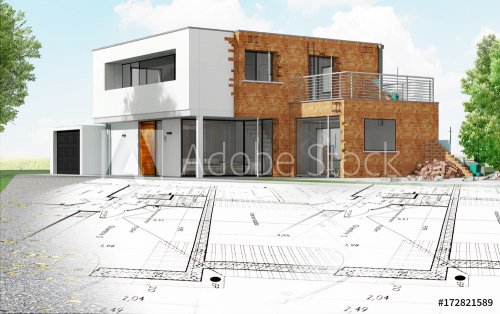 Plan et maison d'architecte en construction à toit plat - 901152719