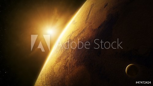 Planet Mars close-up with sunrise in space - 901138977