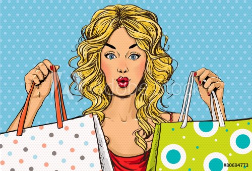 Pop Art blond women with shopping bags in the hands - 901145381