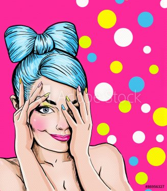 Pop Art illustration of blue head girl on pink background.Pop Art girl.  - 901145374