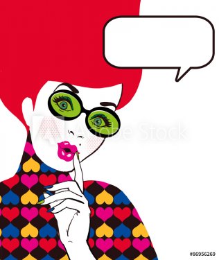 Pop Art illustration of woman with the speech bubble in glass.Pop Art girl. Party invitation.