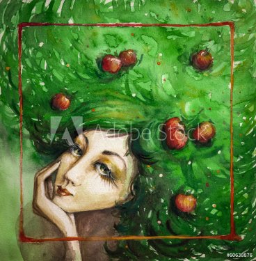 Portrait of beautiful woman with apples in her green hair.