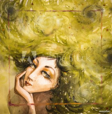 Portrait of  woman with green hair.Watercolors. - 901148626