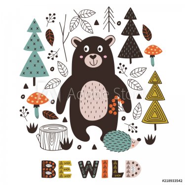poster bear and hedgehog in forest Scandinavian style -  vector illustration,... - 901151769