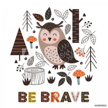 poster owl in forest  Scandinavian style - vector illustration, eps - 901151771