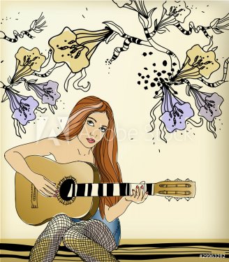 pretty girl  with long hair playing guitar - 900511226