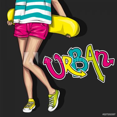 Pretty girls in tops and shorts with skateboard. Vector illustration for a po... - 901154538