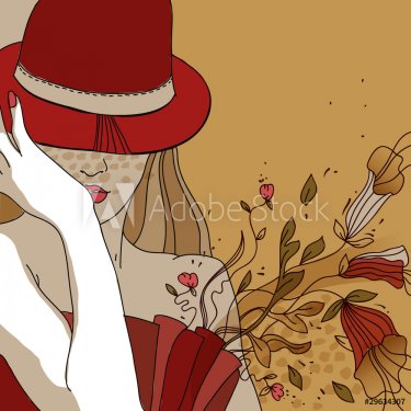 pretty woman in a red hat and dress with fantasy flowers - 900511224