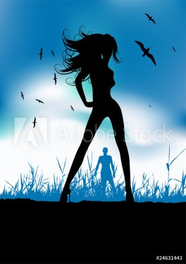 Pretty woman silhouette on nature, man on background - 900459424