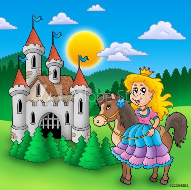 Princess on horse with old castle - 900492146