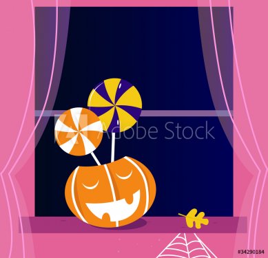 Pumpkin head or Jacks o' lantern, Candy, Window. Vector