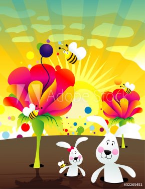 rabbits and flowers vector - 900485435
