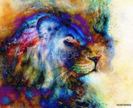 rainbow lion on beautiful colorful background with hint of space feeling, lion profile portrait. 