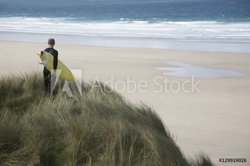 Rear view of male surfer with surfboard on beach looking at sea - 901148770