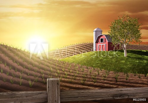 Red barn and tractor on a farm - 900459746