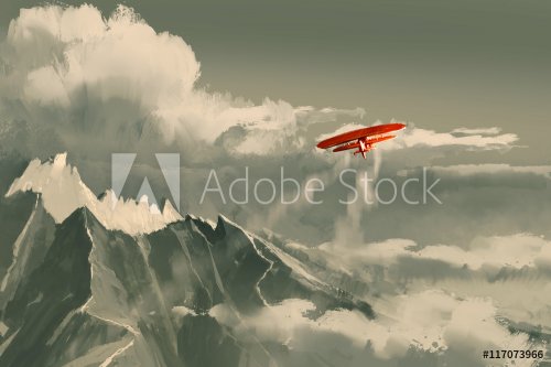 red biplane flying over mountain,illustration,digital painting