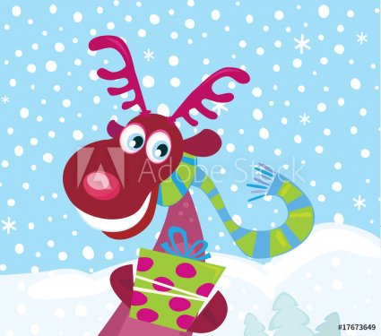 Red-nosed Rudolph on snow. Vector Illustration.