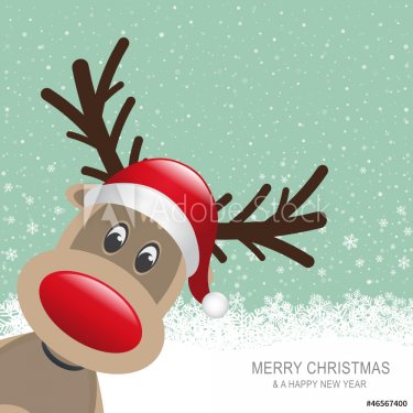 reindeer red hat snow snowflake green background - 900882303