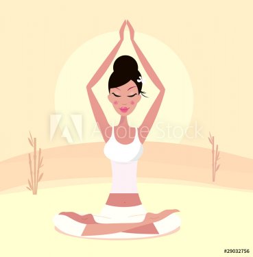 Relaxing retro woman doing lotus flower yoga asana. Vector - 900706128
