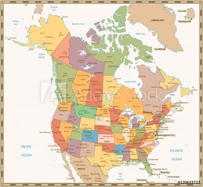 Retro color political map of USA and Canada