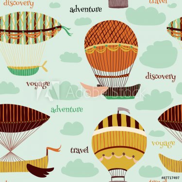 Retro colorful seamless pattern with set of flying balloons and airships. Cartoon fantasy vector illustration. Can be used for wallpapers, pattern fills, web page backgrounds,surface textures.