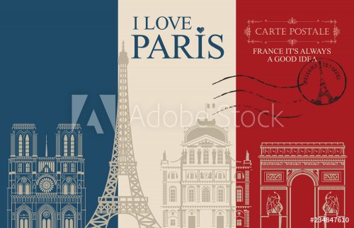 Retro postcard with words I love Paris and rubber stamp with Eiffel tower. Vi... - 901154022