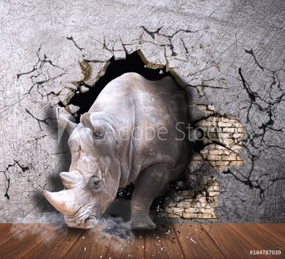 Rhino coming out of the wall. Photo wallpaper for the walls. 3D Rendering.