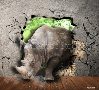 Rhino coming out of the wall. Photo wallpaper for the walls. 3D Rendering. - 901151808