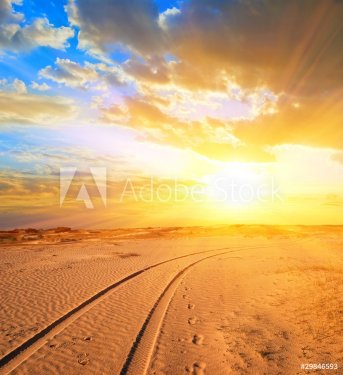 road in a sand desert at the sunset