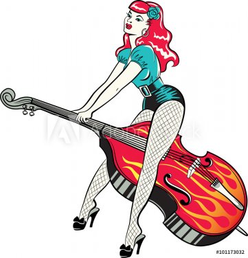 Rockabilly pinup girl sitting on a hotrod painted with flames against a starr... - 901148131