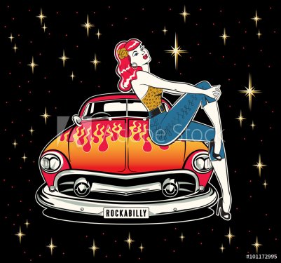 Rockabilly pinup girl sitting on a hotrod painted with flames against a starr... - 901148132