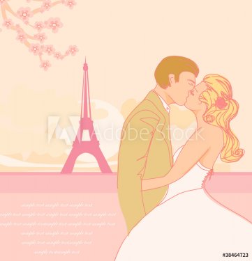 Romantic couple in Paris kissing near the Eiffel Tower. - 900469405