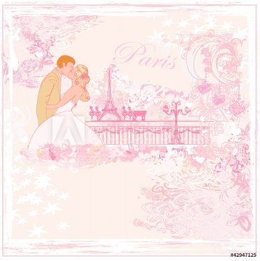 Romantic couple in Paris kissing near the Eiffel Tower Retro car - 900469318